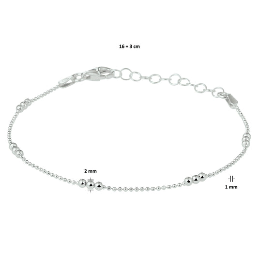 vDam Armband Bolletjes 2,0 Mm 16cm + 3 Cm Zilver Gerhodineerd 1328621 16cm