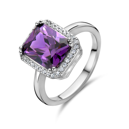 vDam Ring Amethistkleurig En Wit Zirkonia Halo Zilver Gerhodineerd 1336825