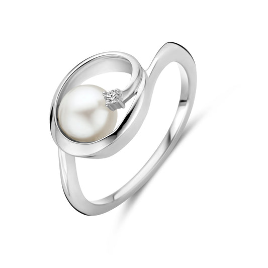 vDam Ring Ovaal Parel En Zirkonia 9,5 Mm Zilver Gerhodineerd 1339751