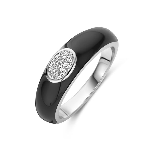 vDam Ring Zwart Emaille En Zirkonia Zilver Gerhodineerd 1339927