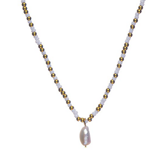 CO88 Collection Stalen Ketting Wit en Goud met Parel 8CN-26301