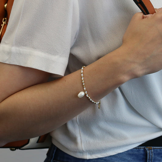 CO88 Collection Stalen Armband Wit en Goud met Parel 8CB-91025