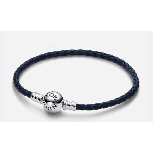 Pandora Moments Round Clasp Blue Braided Leather Bracelet 592790C01 - S3