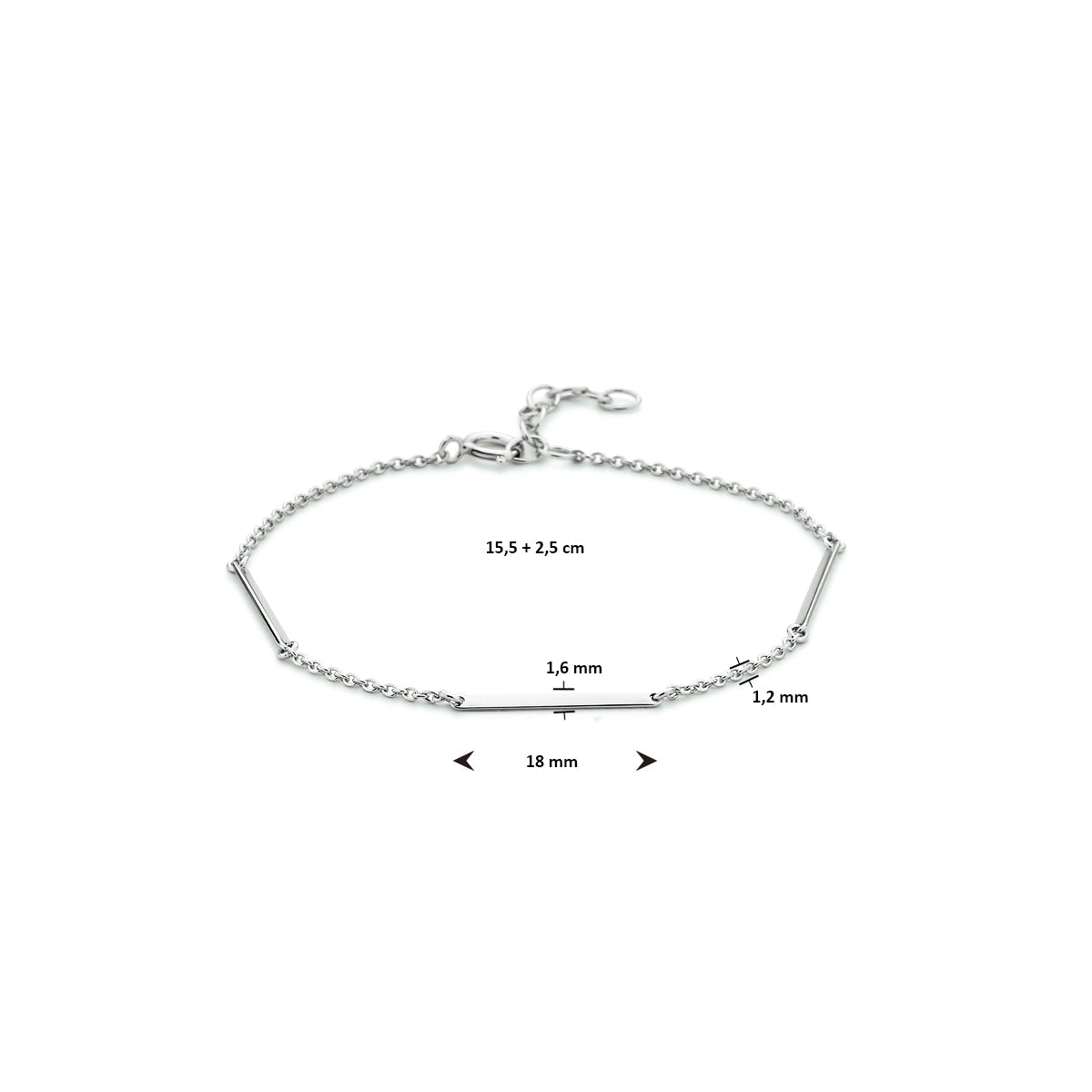 vDam Armband Balkjes 1,6 Mm 15,5 + 2,5 Mm Zilver Gerhodineerd 1333676  15.5cm