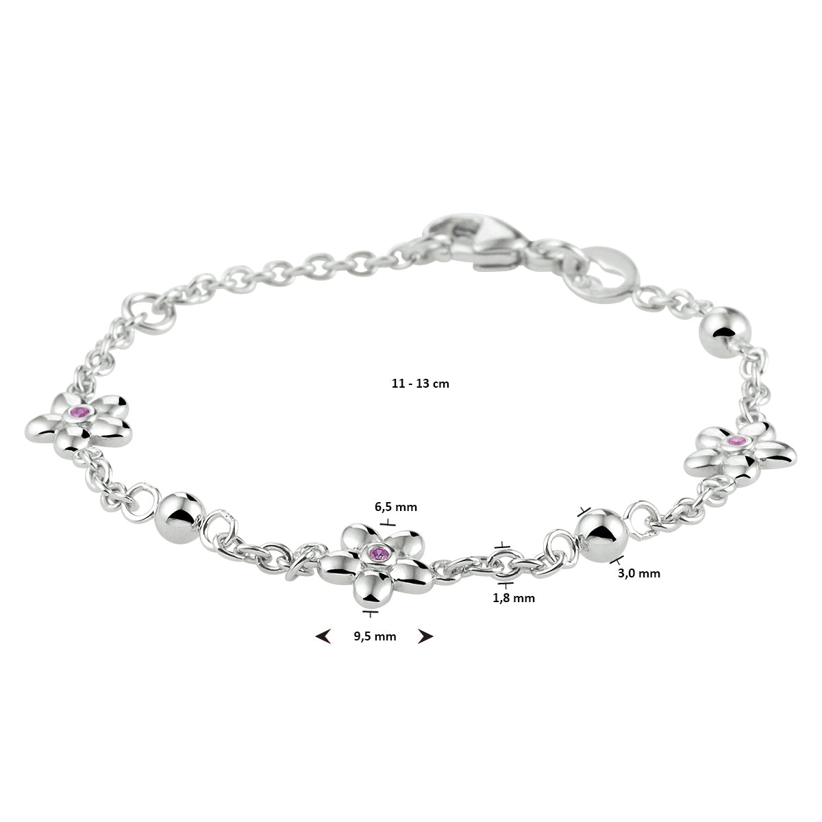 vDam Armband Bloem Roze Zirkonia 11cm - 13 Cm Zilver Gerhodineerd 1333091  11cm