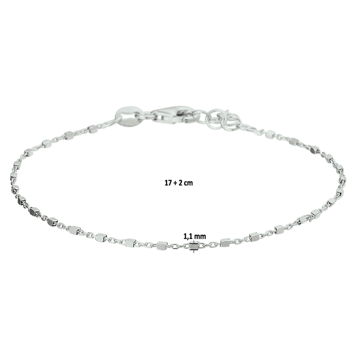 vDam Armband Blokjes 1,1 Mm 17cm + 2 Cm Zilver Gerhodineerd 1327009  17cm