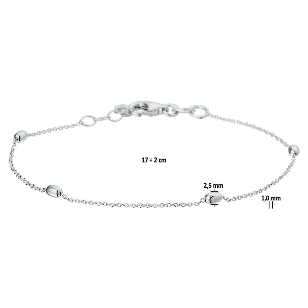 vDam Armband Bolletjes 1,0 Mm 17cm+ 2 Cm Zilver Gerhodineerd 1327008  17cm