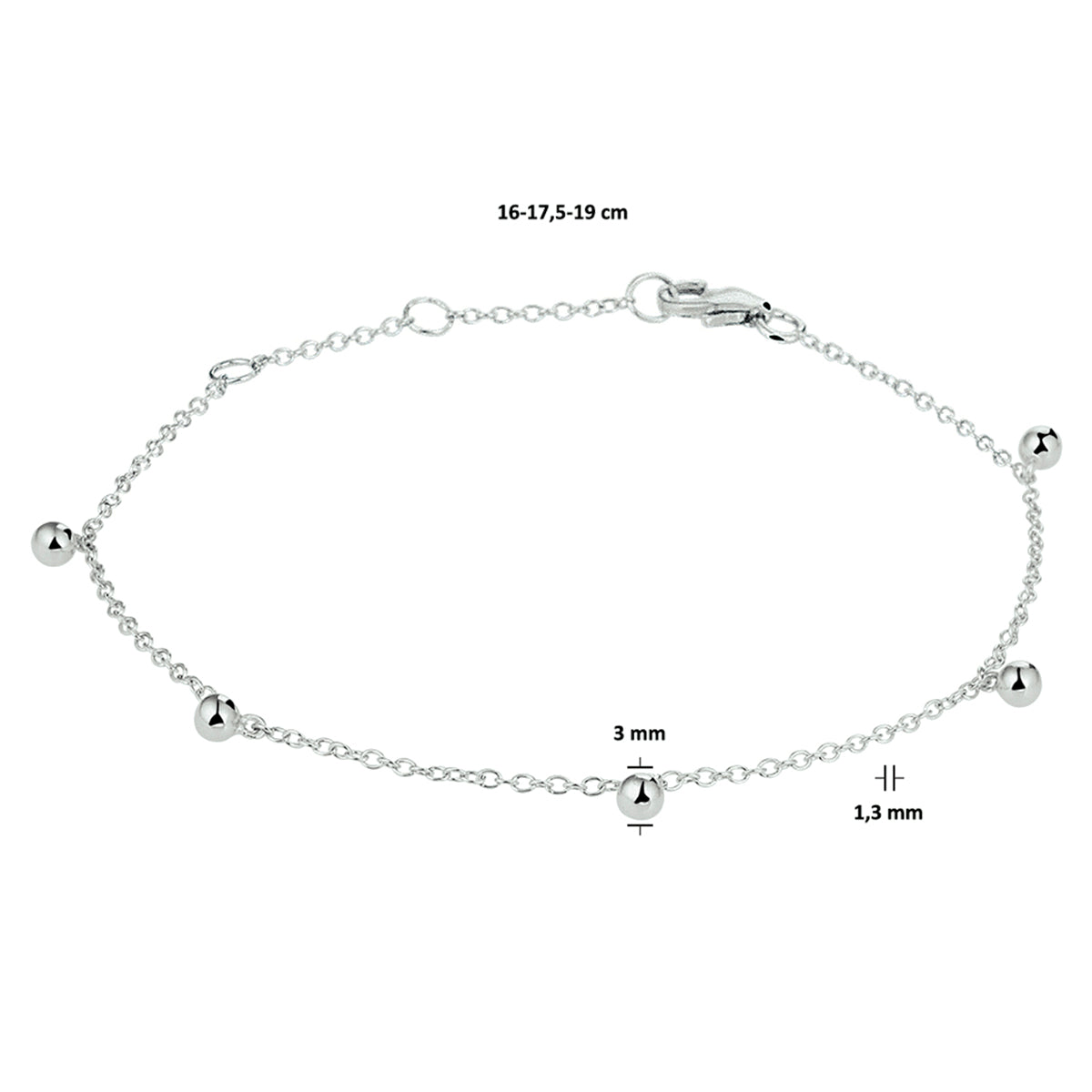 vDam Armband Bolletjes 16cm - 17,5 - 19 Cm Zilver Gerhodineerd 1328360  16cm