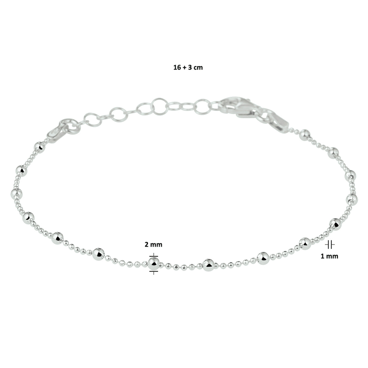 vDam Armband Bolletjes 2,0 Mm 16cm + 3 Cm Zilver Gerhodineerd 1328619  16cm