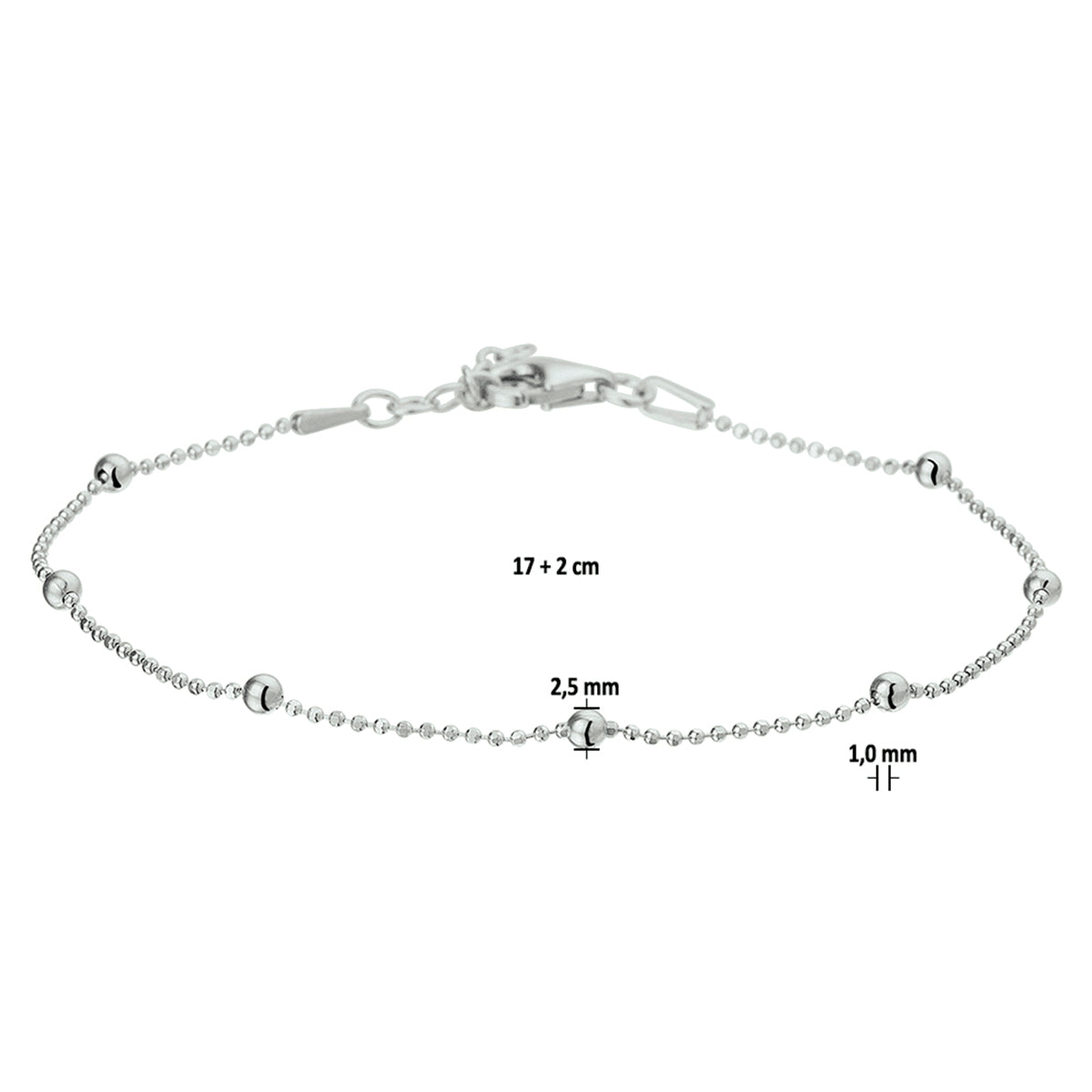 vDam Armband Bolletjes 2,5 Mm 17cm + 2 Cm Zilver Gerhodineerd 1327011  17cm