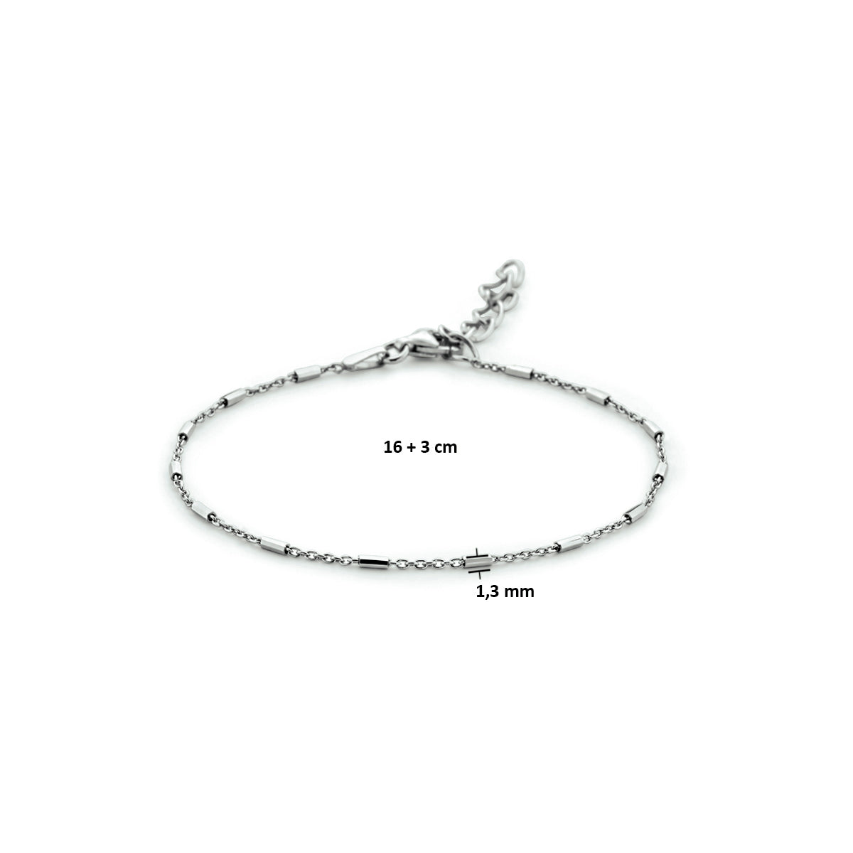 vDam Armband Buisjes 1,3 Mm 16cm + 3 Cm Zilver Gerhodineerd 1333544  16cm