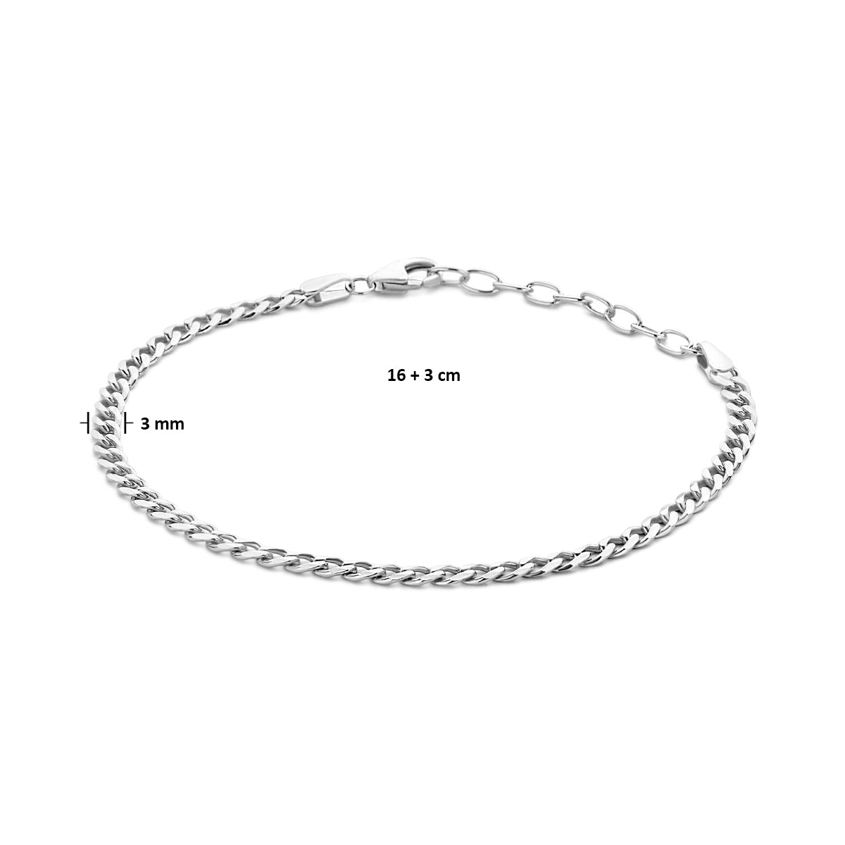 vDam Armband Gourmette 3,0 Mm 16cm + 3 Cm Zilver Gerhodineerd 1335066  16cm