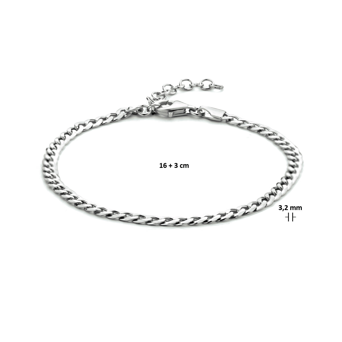 vDam Armband Gourmette 8-zijdes Geslepen 3,2 Mm 16cm + 3 Cm Zilver Gerhodineerd 1333922  16cm