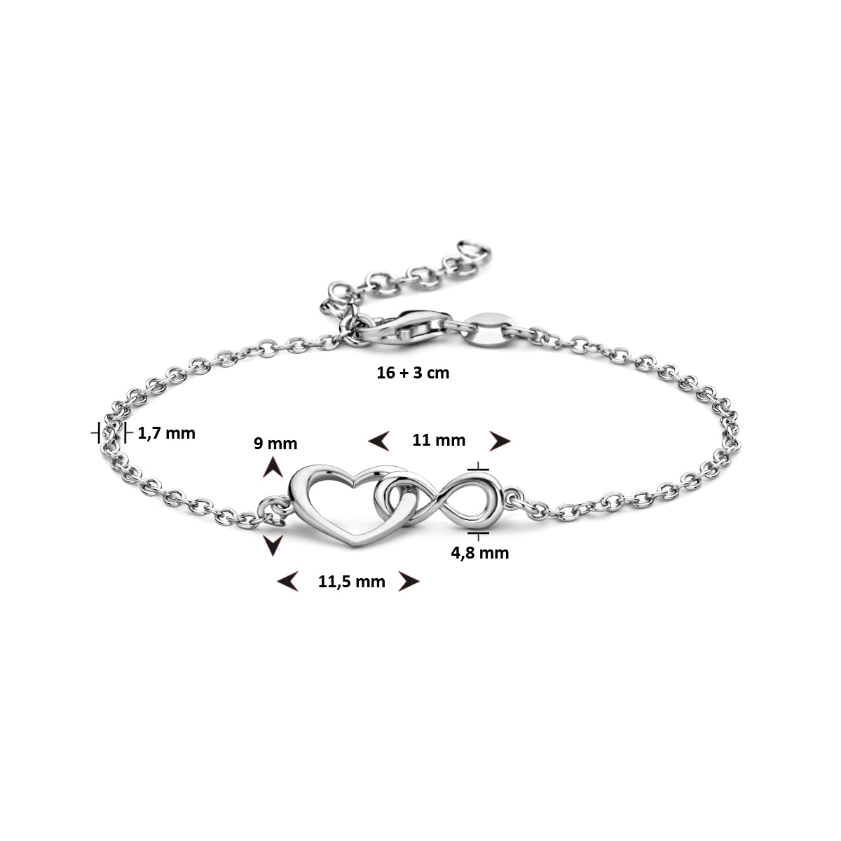 vDam Armband Hart En Infinity 16cm + 3 Cm Zilver Gerhodineerd 1335441  16cm