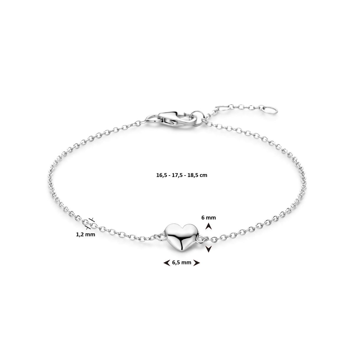 vDam Armband Hartje 16,5 - 17,5 - 18,5 Cm Zilver Gerhodineerd 1340514  16.5cm