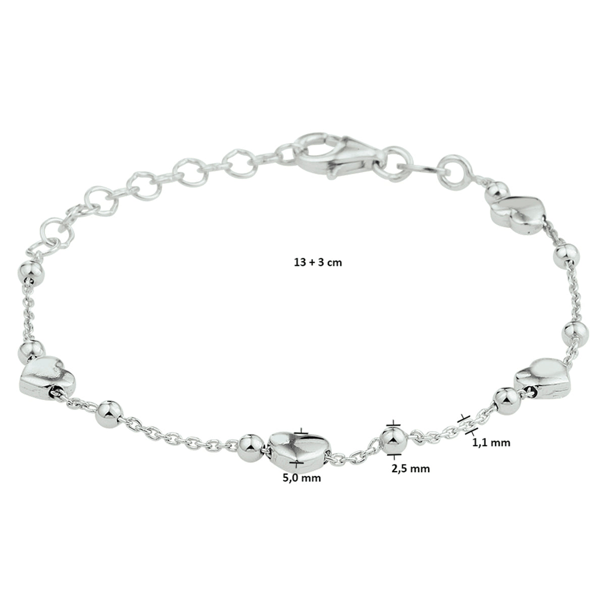 vDam Armband Hartjes 13cm + 3 Cm Zilver Gerhodineerd 13cm32843  13cm