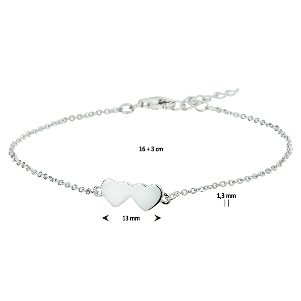 vDam Armband Hartjes 16cm + 3 Cm Zilver Gerhodineerd 1327001  16cm