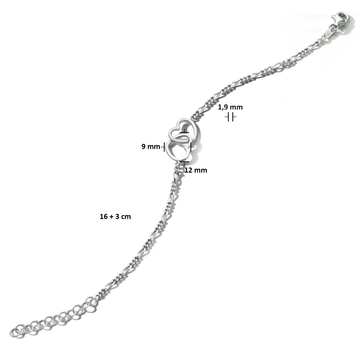 vDam Armband Hartjes 16cm + 3 Cm Zilver Gerhodineerd 1334370  16cm