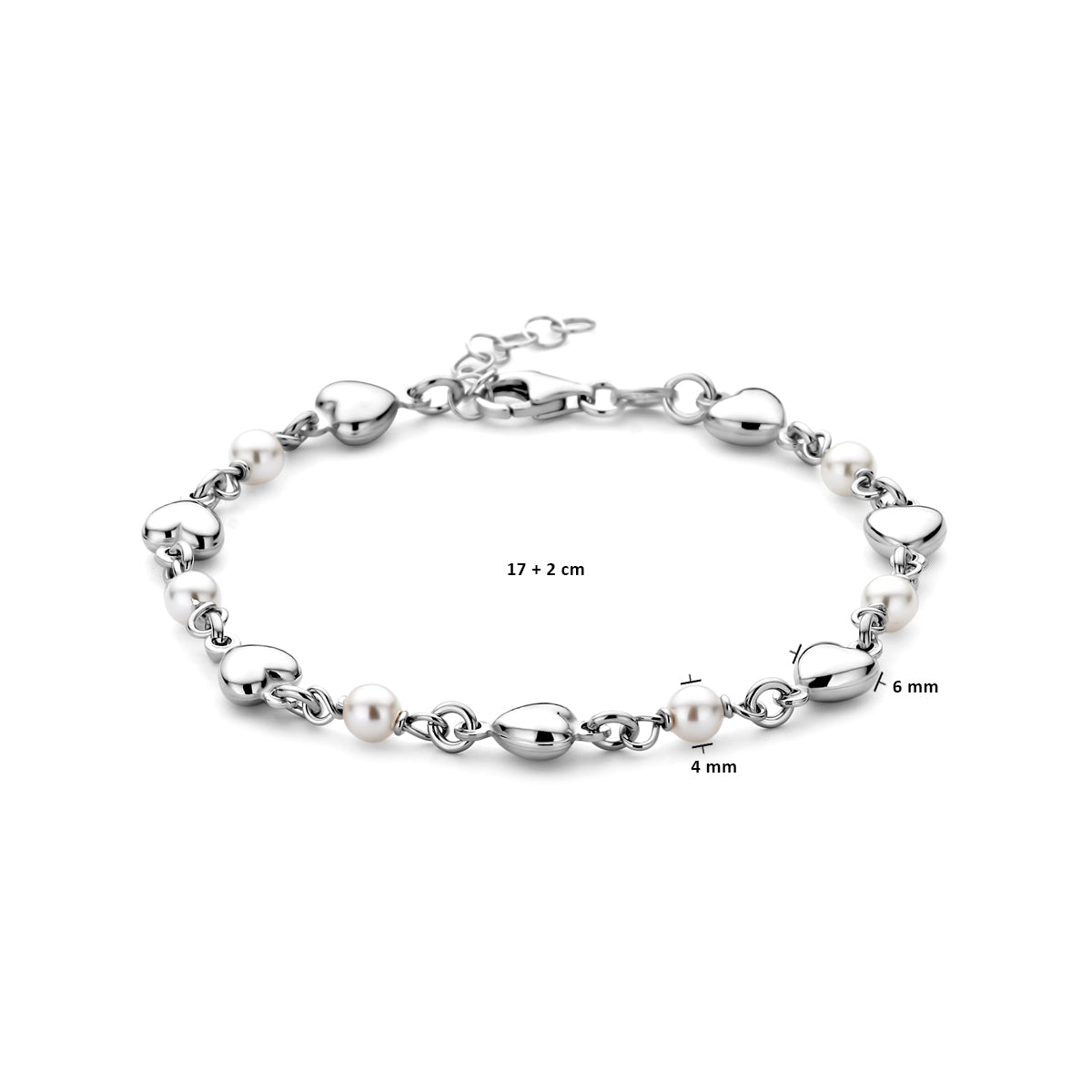 vDam Armband Hartjes En Swarovski Parels 17cm + 2 Cm Zilver Gerhodineerd 1338636  17cm