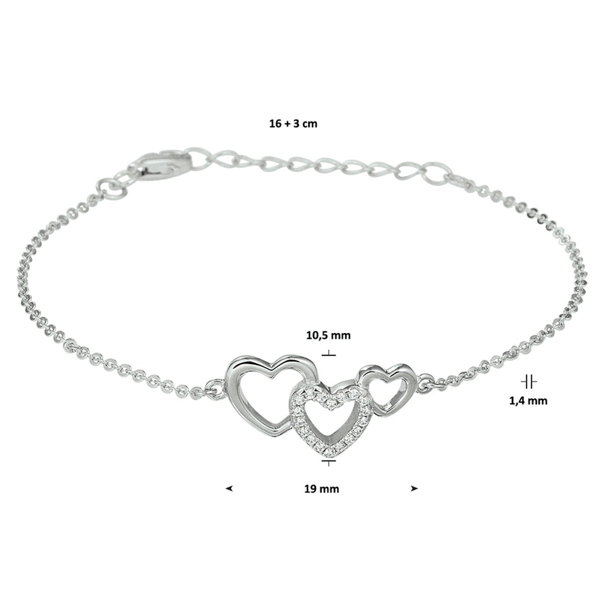 vDam Armband Hartjes En Zirkonia 16cm + 3 Cm Zilver Gerhodineerd 1328552  16cm