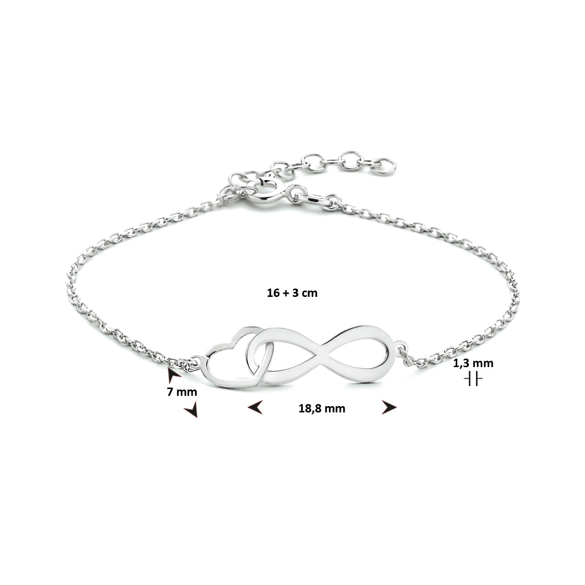 vDam Armband Infinity En Hart 16cm + 3 Cm Zilver Gerhodineerd 1333998  16cm