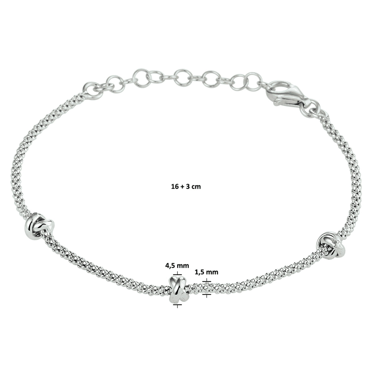 vDam Armband Knopen 4,5 Mm 16cm + 3 Cm Zilver Gerhodineerd 1332245  16cm