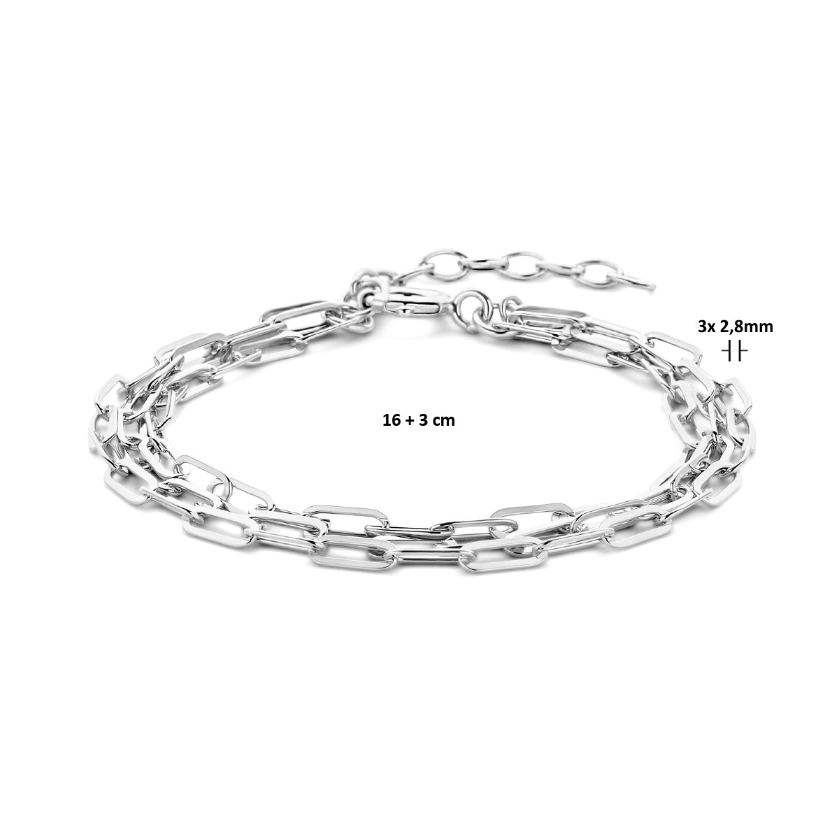 vDam Armband Paperclip Platte Buis 2,8 Mm 16cm + 3 Cm Zilver Gerhodineerd 1335690  16cm