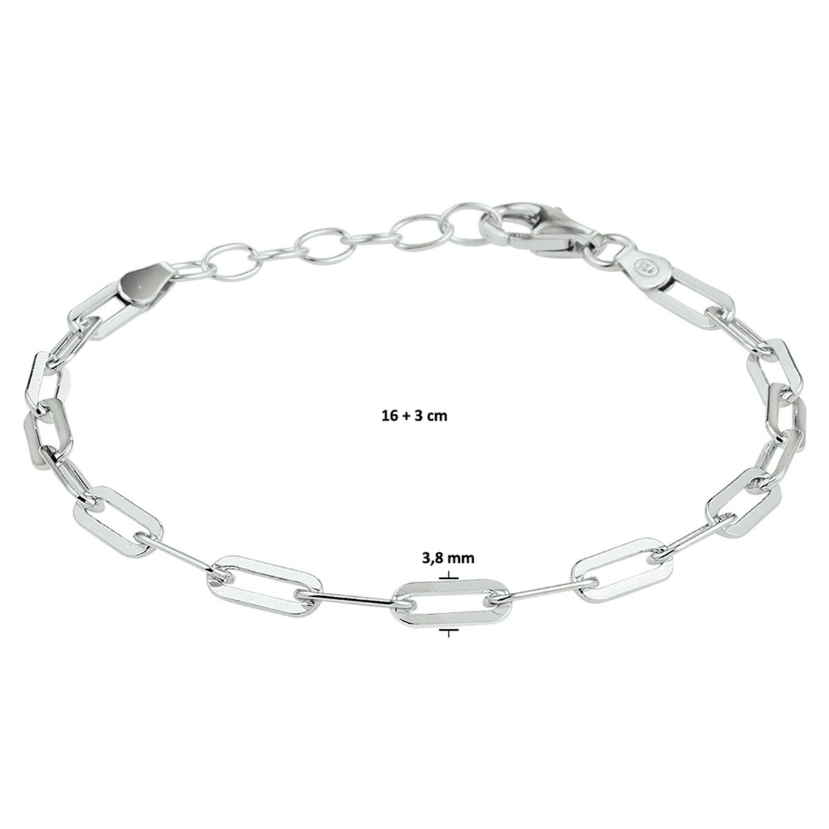 vDam Armband Paperclip Platte Buis 3,8 Mm 16cm + 3 Cm Zilver Gerhodineerd 1332104  16cm