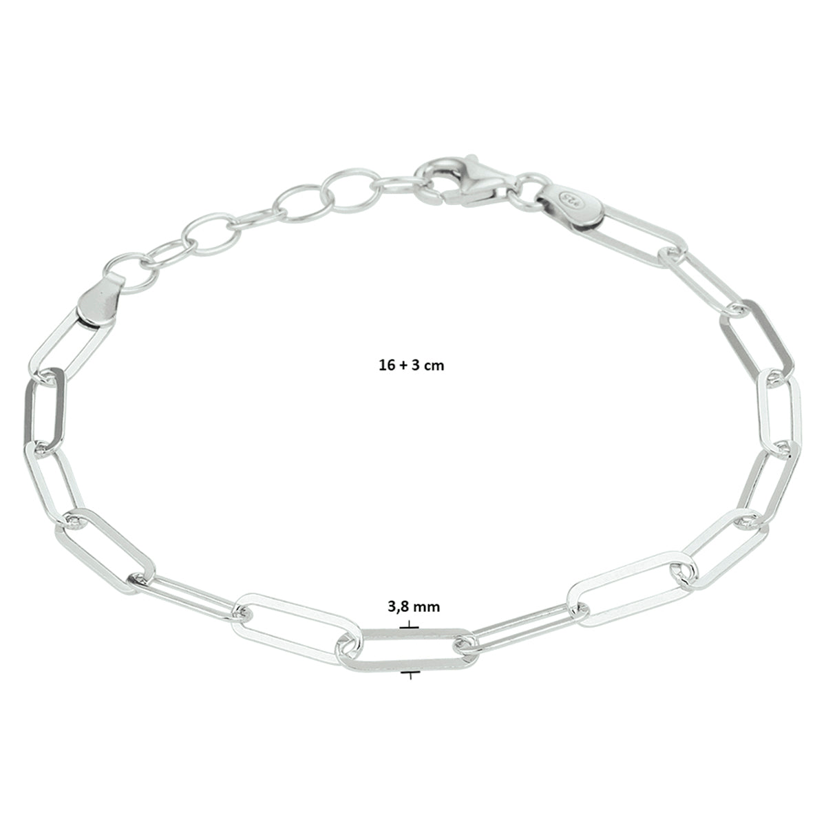 vDam Armband Paperclip Platte Buis 3,8 Mm 16cm + 3 Cm Zilver Gerhodineerd 1332106  16cm