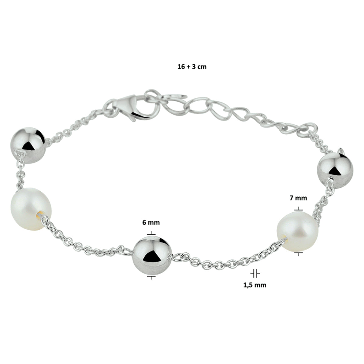 vDam Armband Parel 16cm + 3 Cm Zilver Gerhodineerd 1329301  16cm