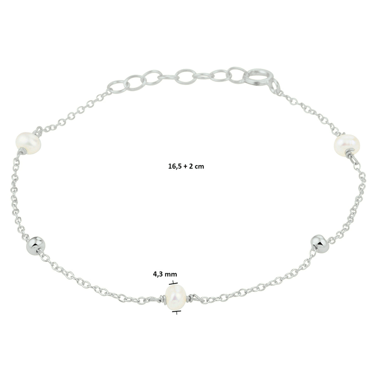 vDam Armband Parel 16,5 + 2 Cm Zilver Gerhodineerd 1332315  16.5cm