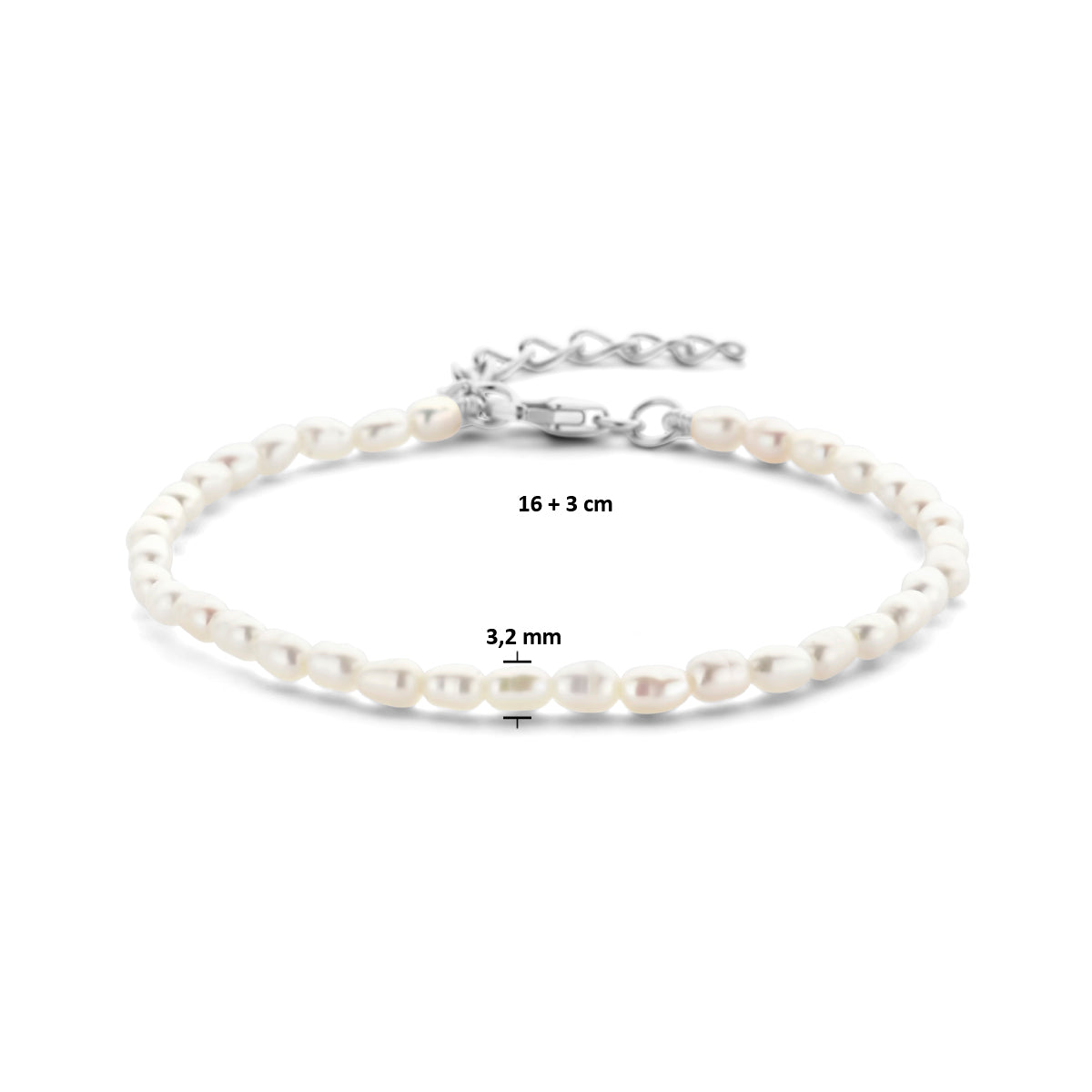 vDam Armband Parel 3,2 Mm 16cm + 3 Cm Zilver Gerhodineerd 1336015  16cm