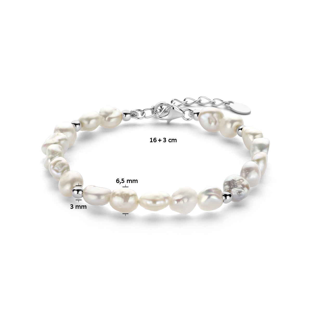 vDam Armband Parel Barok 16cm + 3 Cm Zilver Gerhodineerd 1336933  16cm