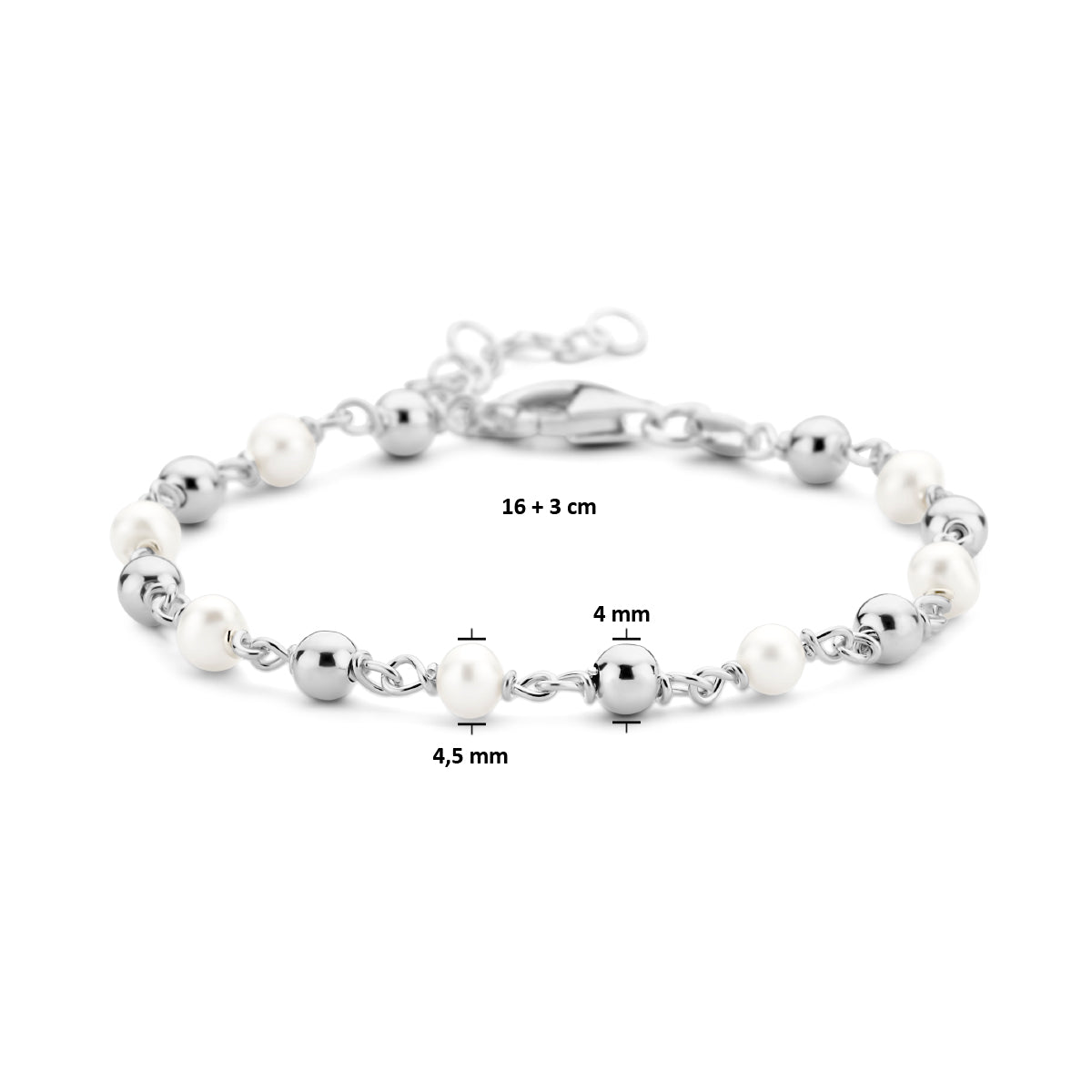 vDam Armband Parel En Bolletjes 16cm + 3 Cm Zilver Gerhodineerd 1336155  16cm