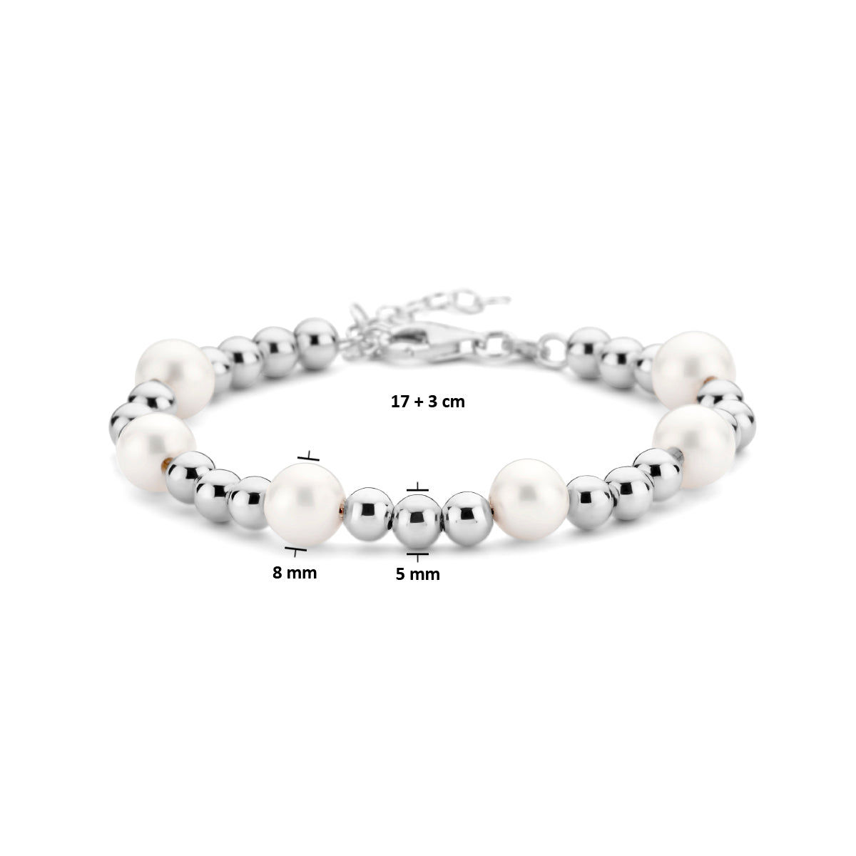 vDam Armband Parel En Bolletjes 17cm + 3 Cm Zilver Gerhodineerd 1336156  17cm