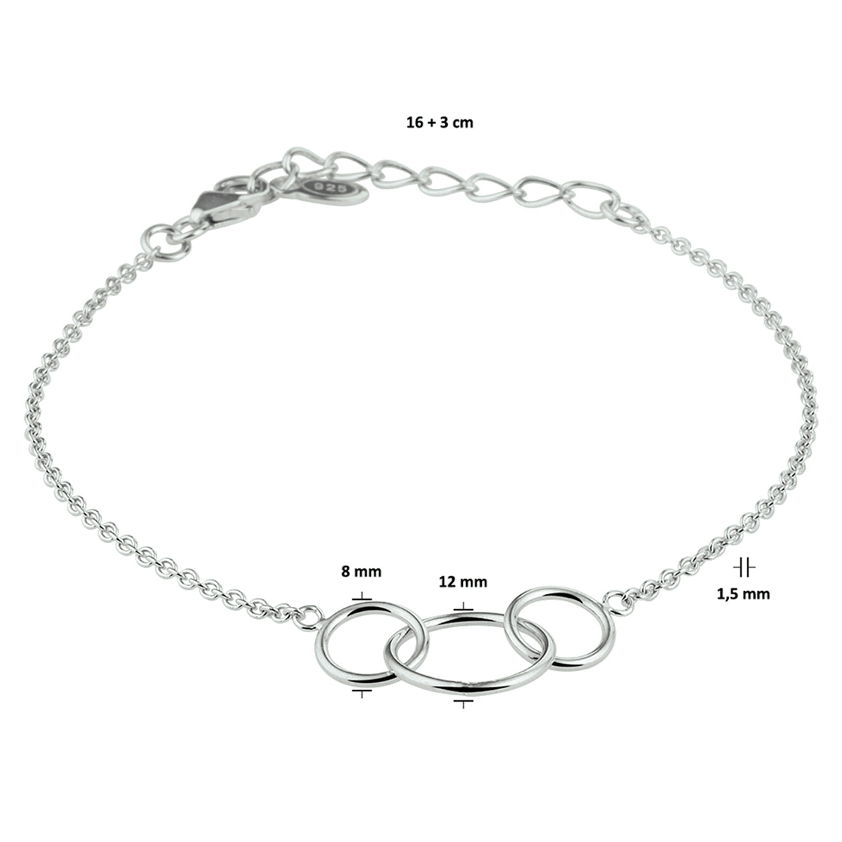 vDam Armband Rondjes 16cm + 3 Cm Zilver Gerhodineerd 1329298  16cm