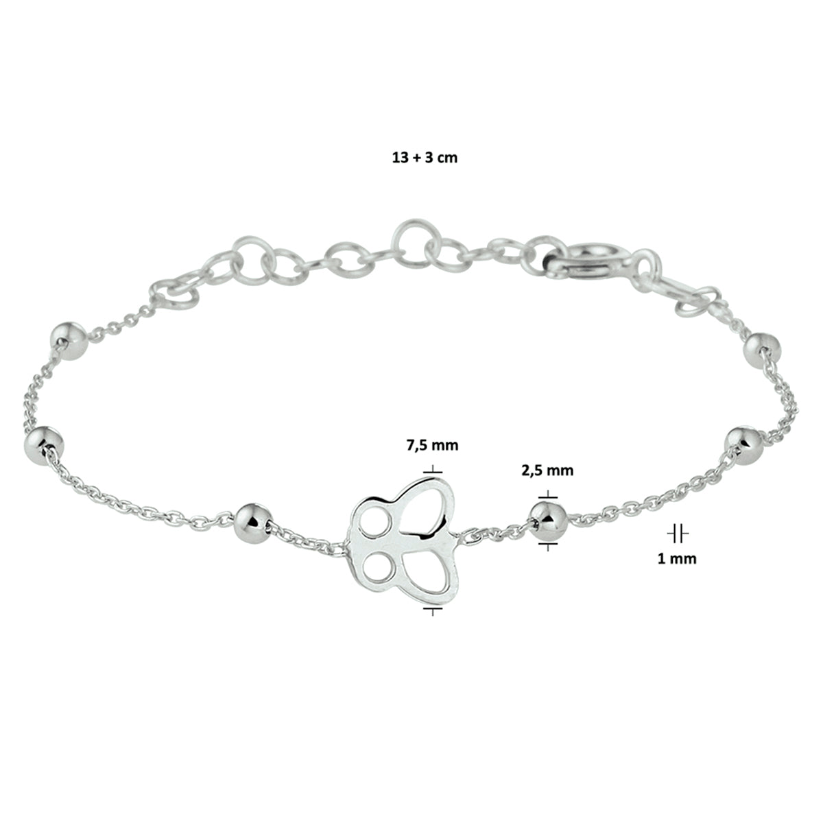 vDam Armband Vlinder 13cm + 3 Cm Zilver Gerhodineerd 13cm29444  13cm