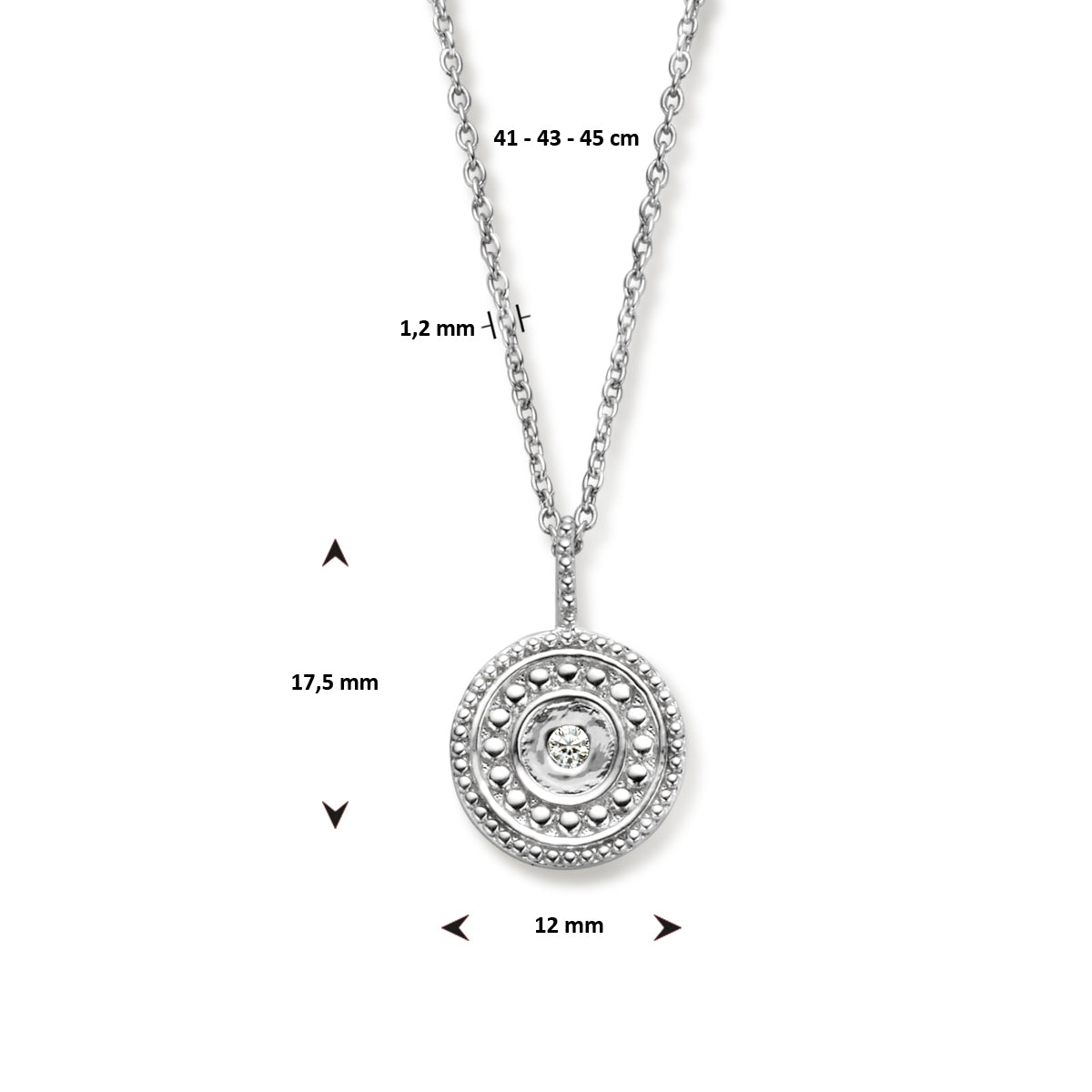 vDam Bewerkt Ketting Met Zirkonia 41cm - 43 - 45 Cm Zilver Gerhodineerd 1336183  41cm