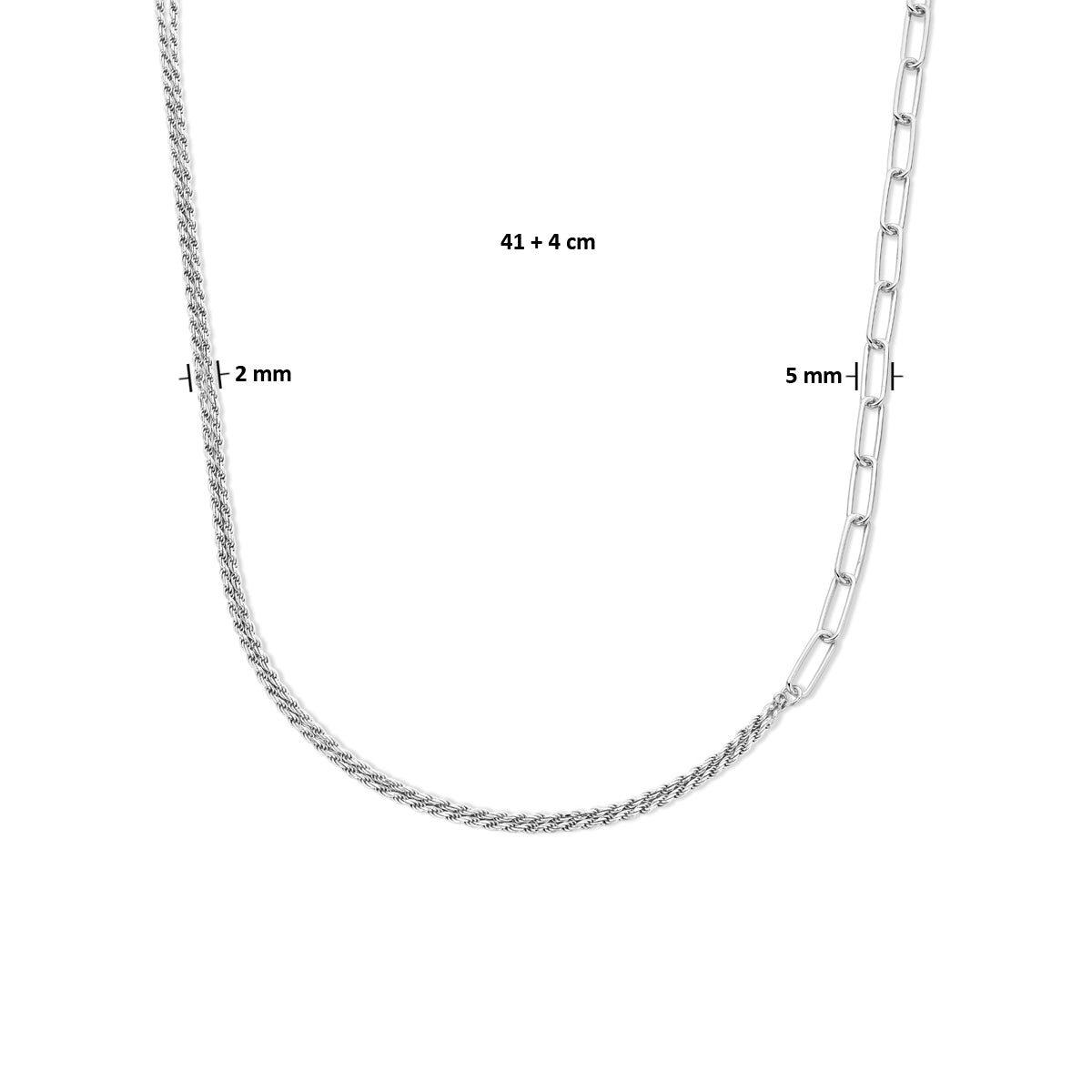 vDam Combi-collier Koord En Paperclip 5,0 Mm 41cm  + 4 Cm Zilver Gerhodineerd 1335645  41cm