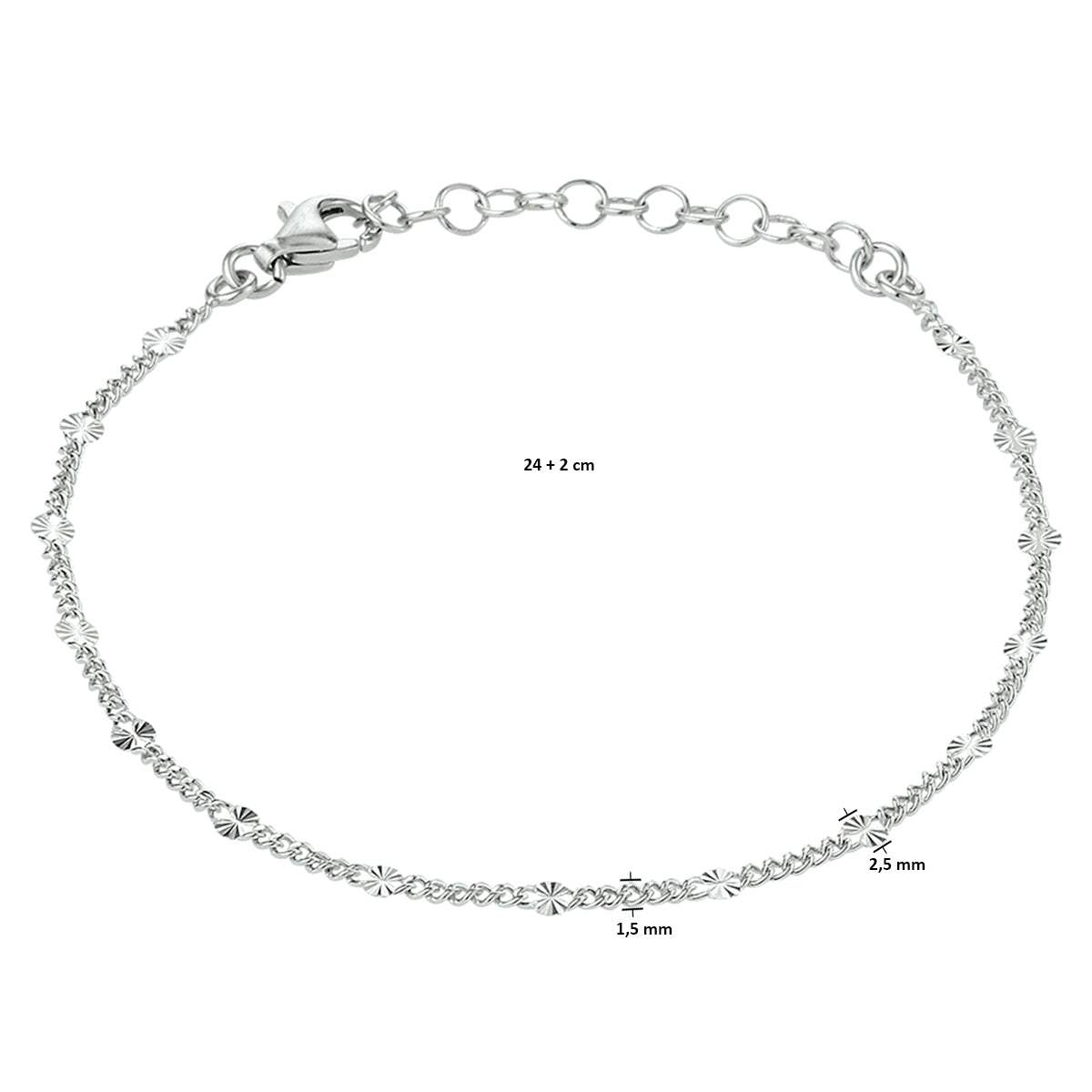 vDam Enkelbandje 2,5 Mm 24cm + 2 Cm Zilver Gerhodineerd 1332720  24cm