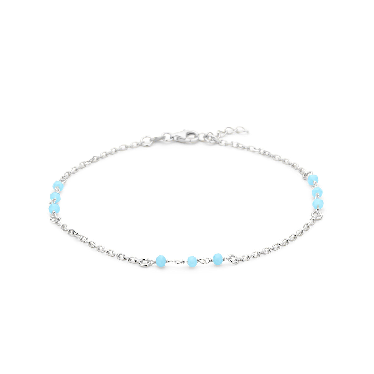 vDam Enkelbandje Blauw Kristal Bolletjes 24 + 2 Cm Zilver Gerhodineerd 1338942