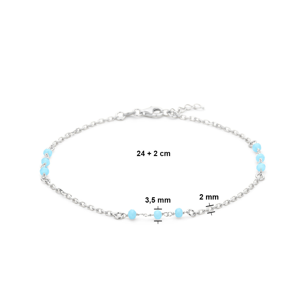 vDam Enkelbandje Blauw Kristal Bolletjes 24cm + 2 Cm Zilver Gerhodineerd 1338942  24cm