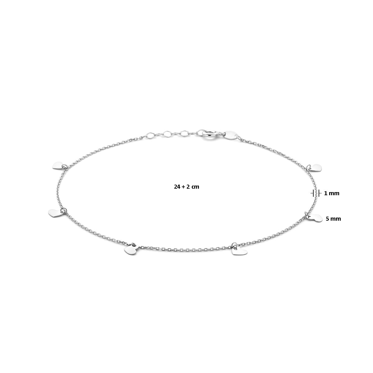 vDam Enkelbandje Hartjes 24cm + 2 Cm Zilver Gerhodineerd 1338893  24cm