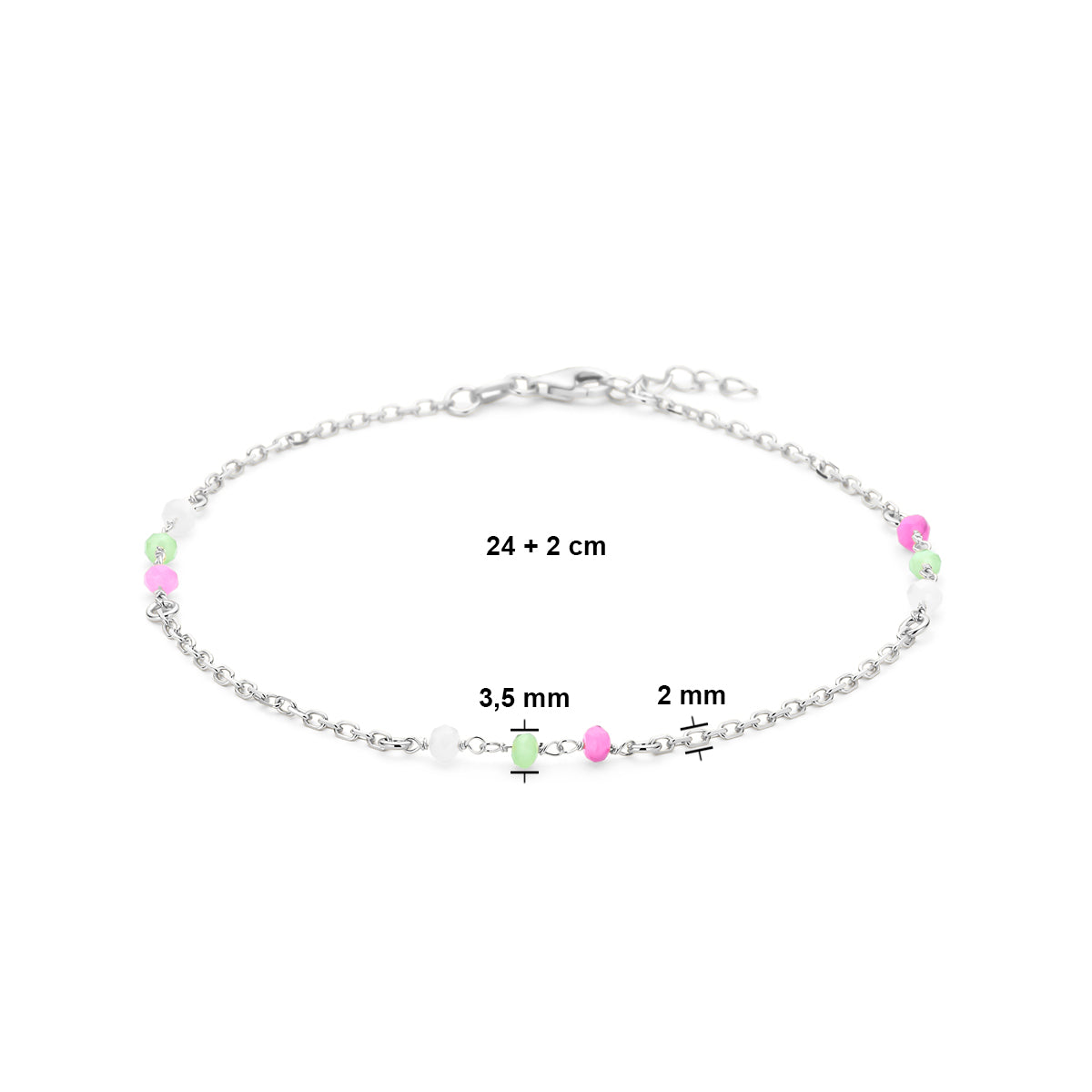 vDam Enkelbandje Meerdere Kleuren Kristal Bolletjes 24cm + 2 Cm Zilver Gerhodineerd 1338943  24cm