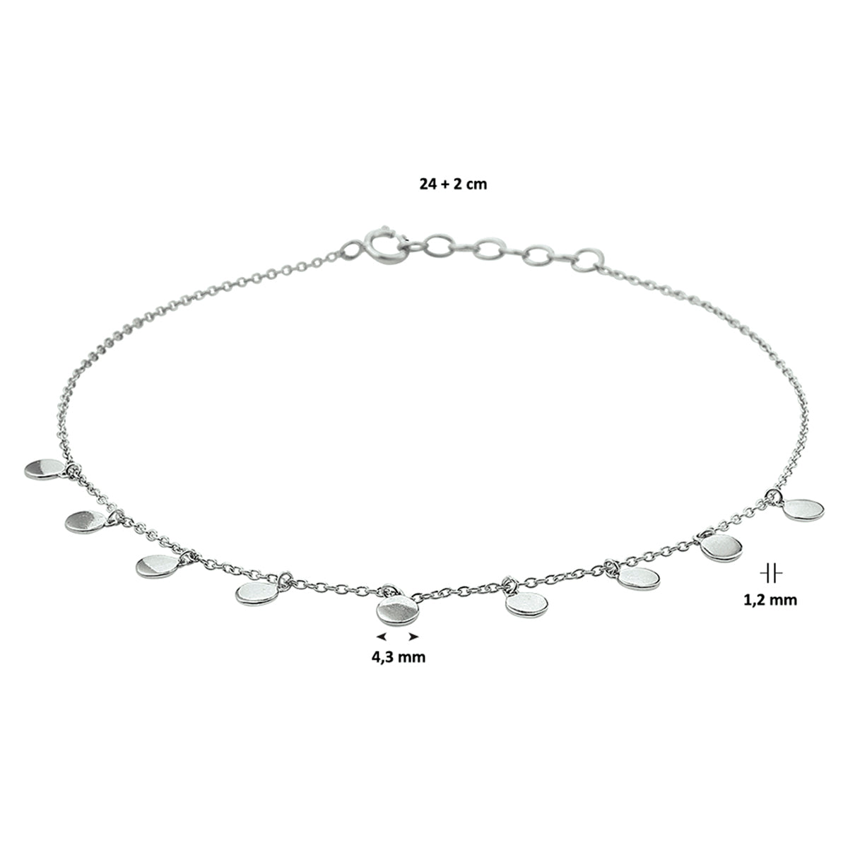 vDam Enkelbandje Rondjes 24cm + 2 Cm Zilver Gerhodineerd 1328392  24cm
