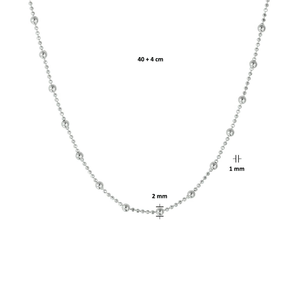 vDam Ketting Bolletjes 2,0 Mm 40cm + 4 Cm Zilver Gerhodineerd 1328620  40cm