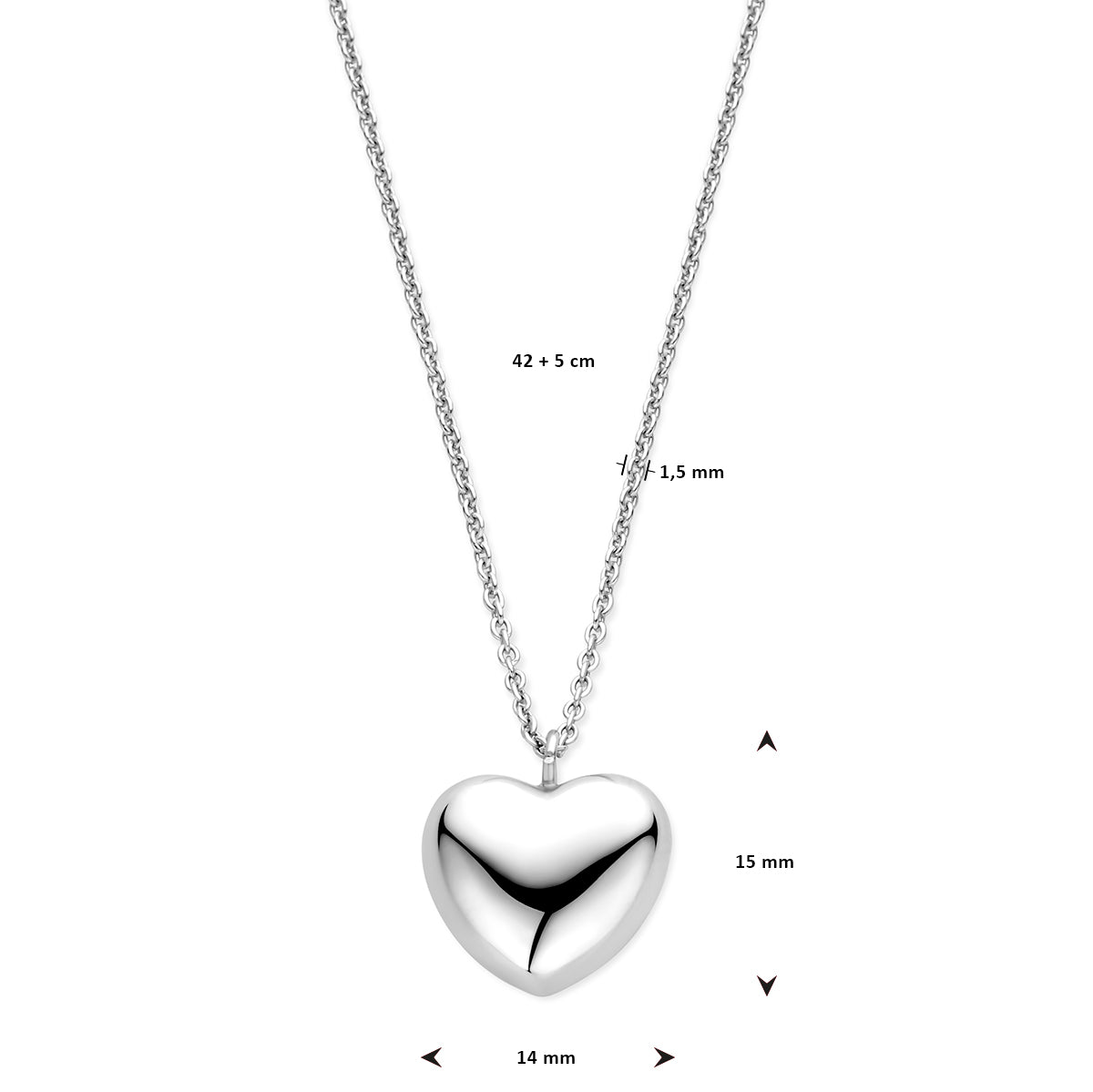 vDam Ketting Hart 1,5 Mm 42cm + 5 Cm Zilver Gerhodineerd 1338358  42cm
