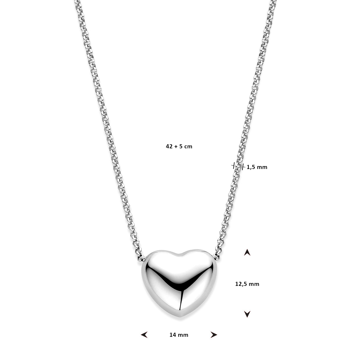 vDam Ketting Hart 1,5 Mm 42cm + 5 Cm Zilver Gerhodineerd 1338360  42cm