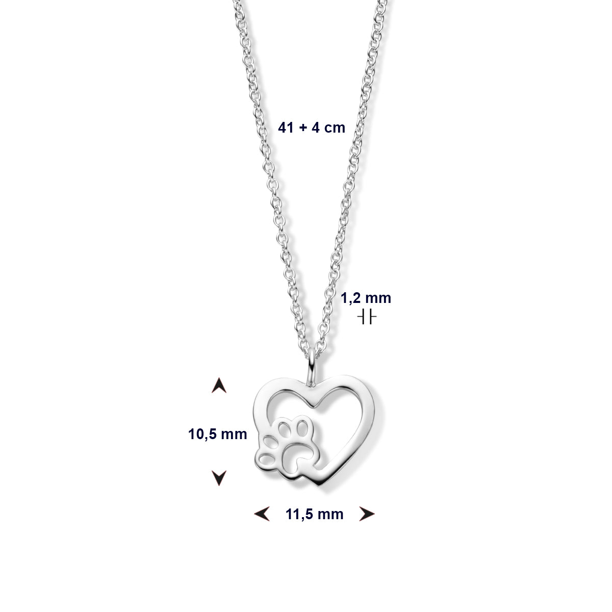 vDam Ketting Hart Hondenpoot 41cm + 4 Cm Zilver Gerhodineerd 1336508  41cm