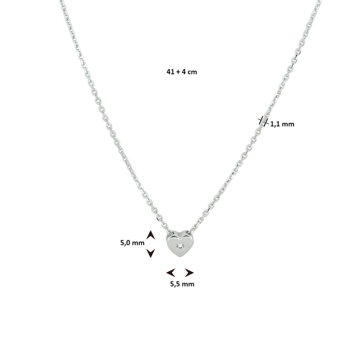 vDam Ketting Hart Zirkonia 41cm + 4 Cm Zilver Gerhodineerd 1332838  41cm